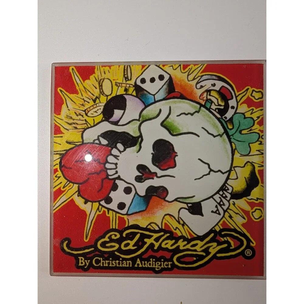 Ed Hardy Christian Audigier Glass Art Tiles Coasters Skull Dog Decor Set of 2
